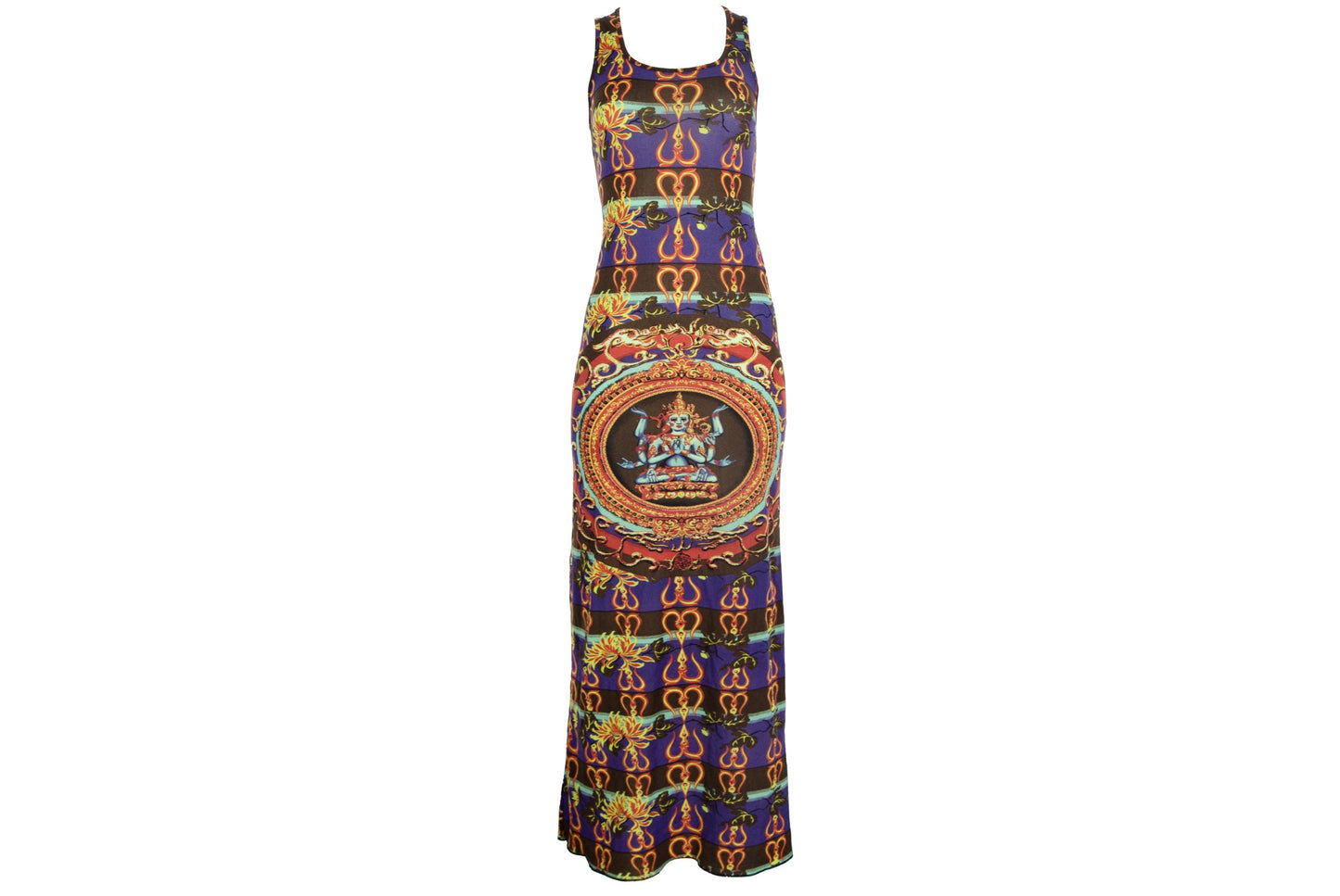 Vintage 90s Sleeveless Maxi Dress with Asian Inspired Print