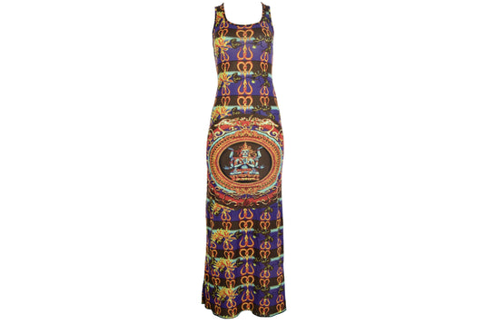 Vintage 90s Sleeveless Maxi Dress with Asian Inspired Print