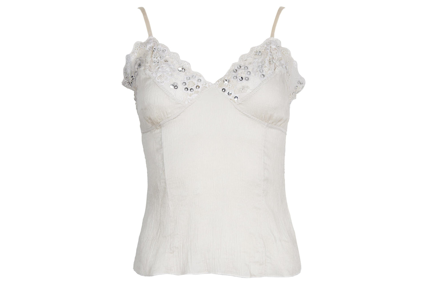 Vintage 100% silk cream tank top with lace and silver tone sequins