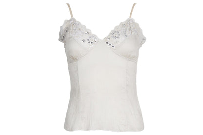 Vintage 100% silk cream tank top with lace and silver tone sequins