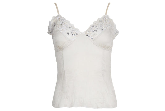Vintage 100% silk cream tank top with lace and silver tone sequins