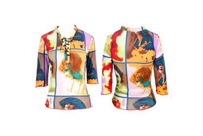 Vintage early 2000s pop art portraits Divina Marchesa print mesh top
