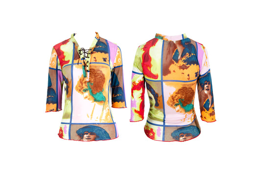 Vintage early 2000s pop art portraits Divina Marchesa print mesh top