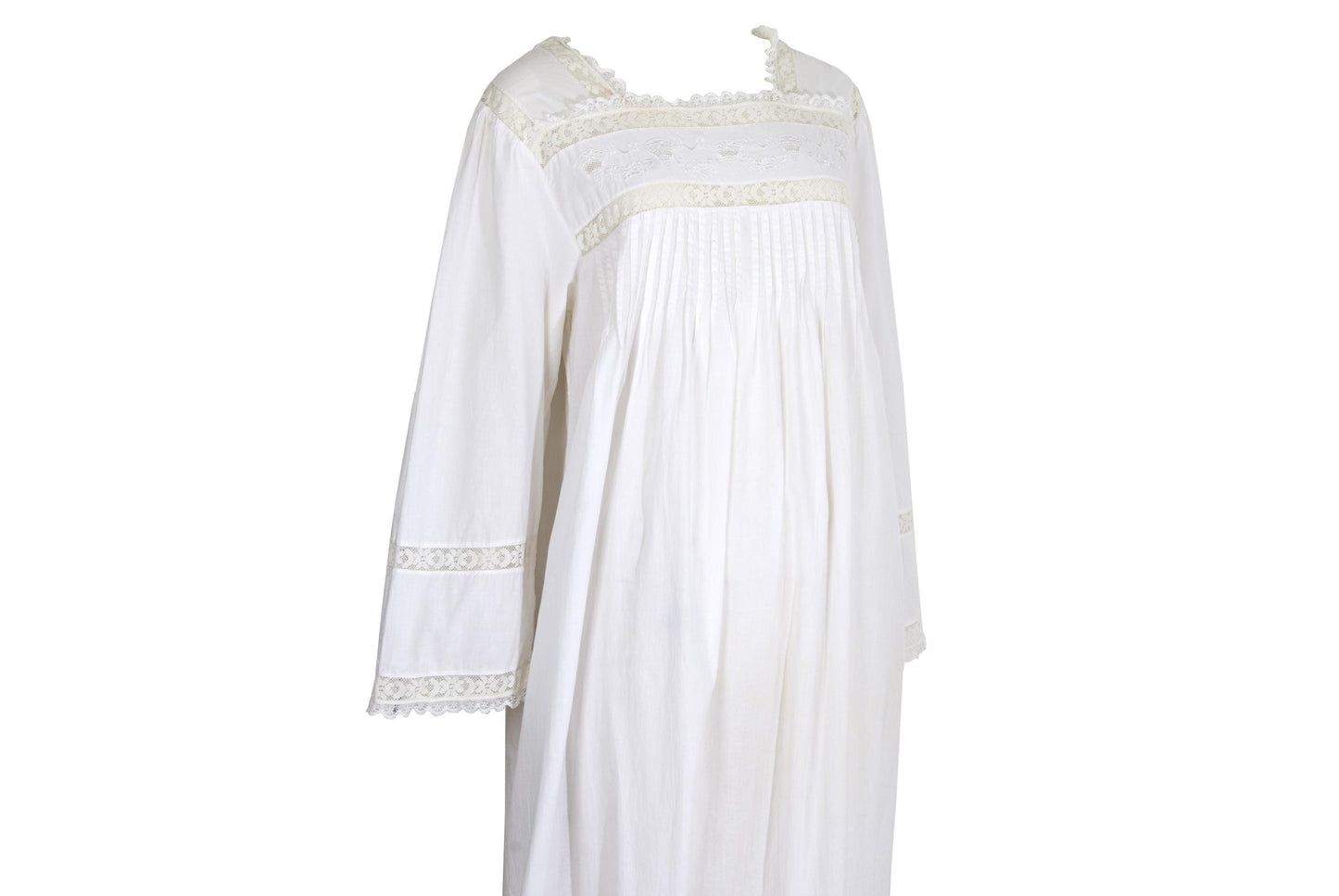 1970s Victorian revival square neck lace details white dress / Made in India