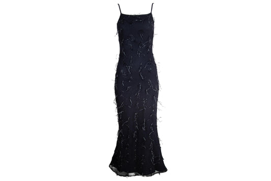 Vintage Amaya Arzuaga black mesh gown with shaggy nylon thread details / Made in Spain