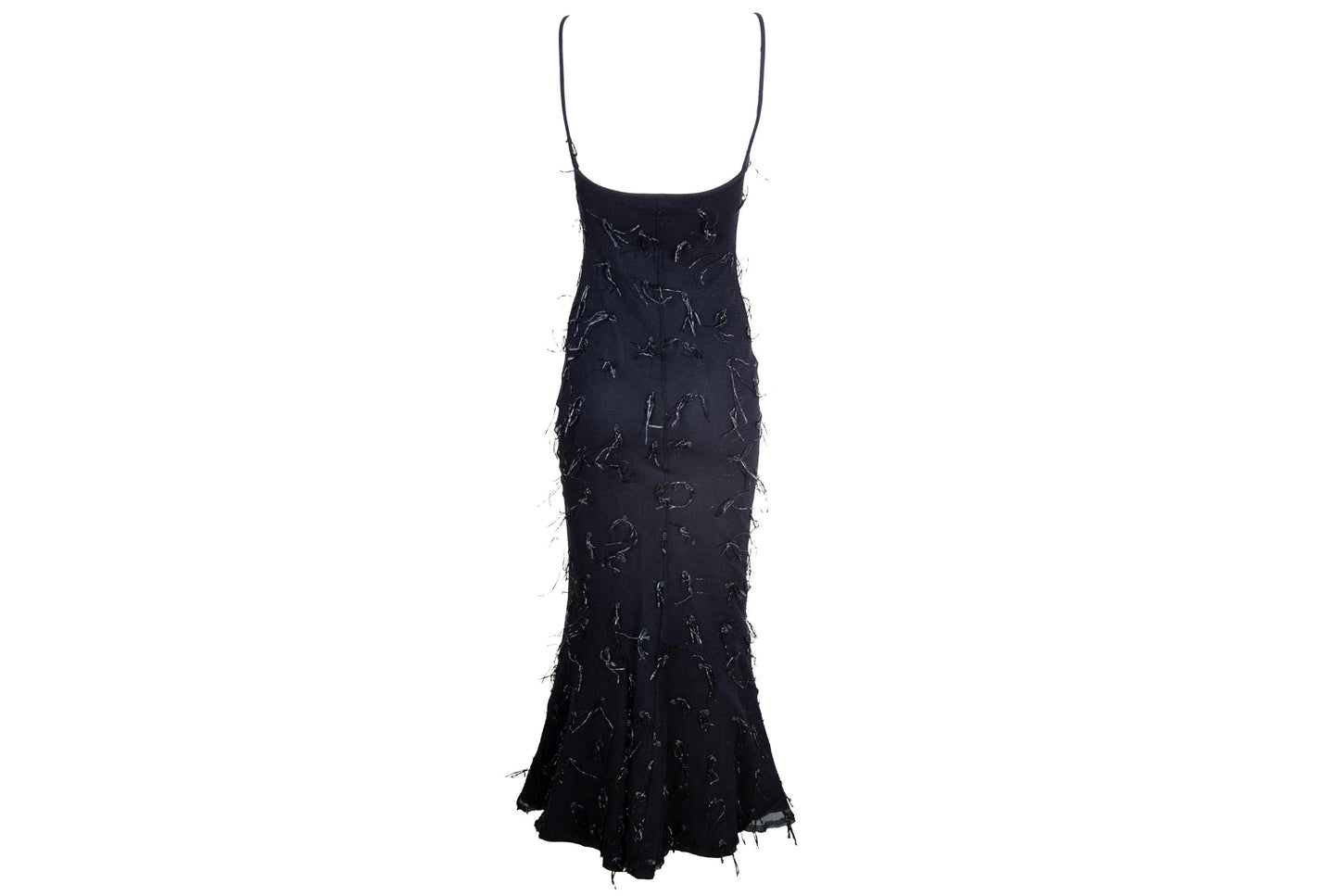 Vintage Amaya Arzuaga black mesh gown with shaggy nylon thread details / Made in Spain