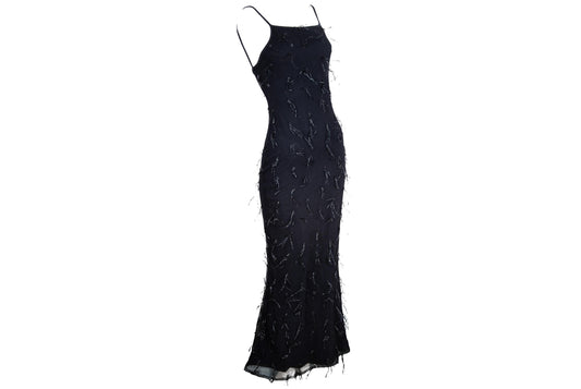Vintage Amaya Arzuaga black mesh gown with shaggy nylon thread details / Made in Spain