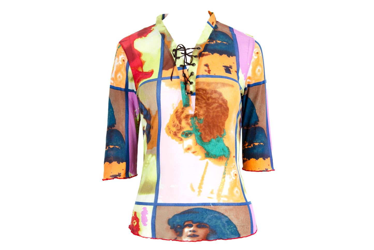 Vintage early 2000s pop art portraits Divina Marchesa print mesh top