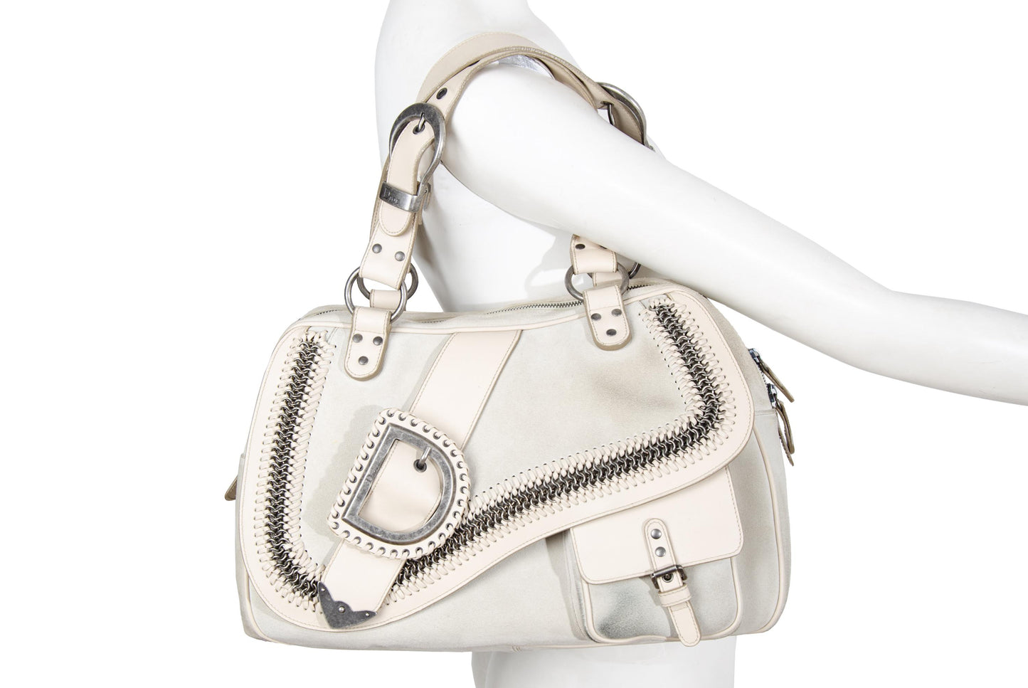 2005 Dior Gaucho bag Galliano era chainmail cream suede saddle bag / Made in Italy