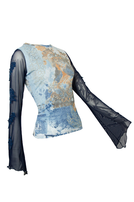 Save The Queen vintage sheer mesh bell sleeves top / Lettuce edge mesh flared sleeves top / Collage fantasy print top