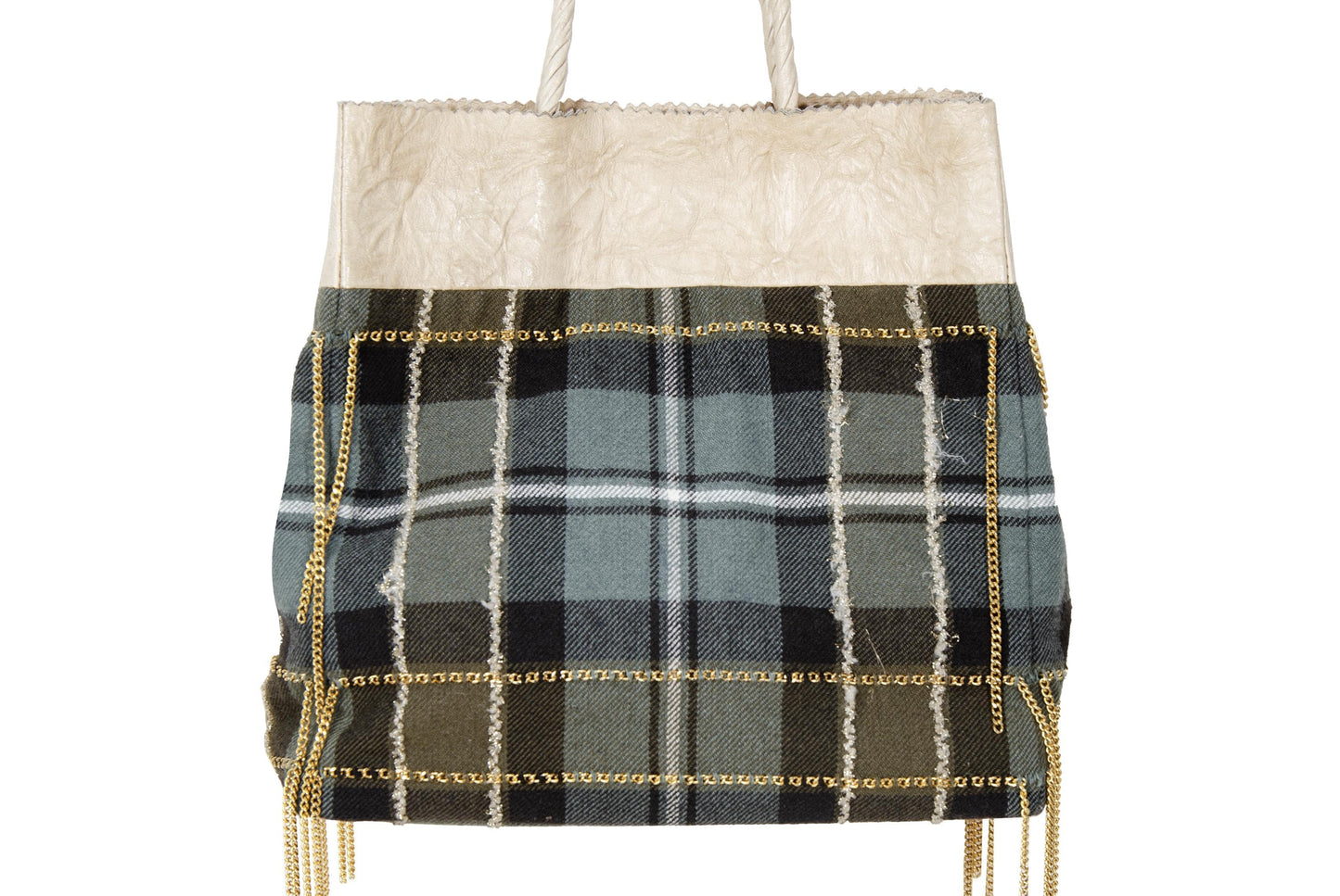 Japanese Designer Tartan Plaid Tote Bag with Gold Chain Fringe