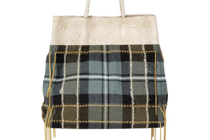 Japanese Designer Tartan Plaid Tote Bag with Gold Chain Fringe