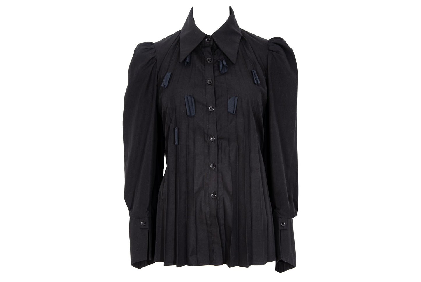 Vintage French brand black permanent pleats button front shirt with fabric appliqué details