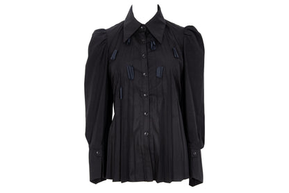 Vintage French brand black permanent pleats button front shirt with fabric appliqué details