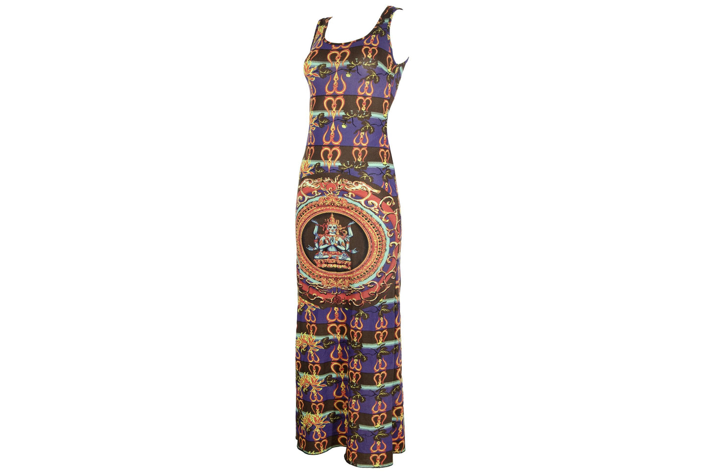 Vintage 90s Sleeveless Maxi Dress with Asian Inspired Print