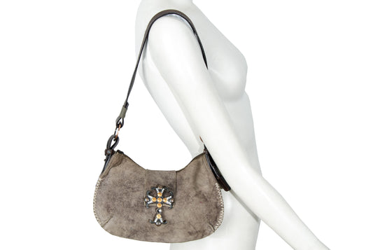 90s aged brown suede medieval bejeweled cross bag - Made in Italy