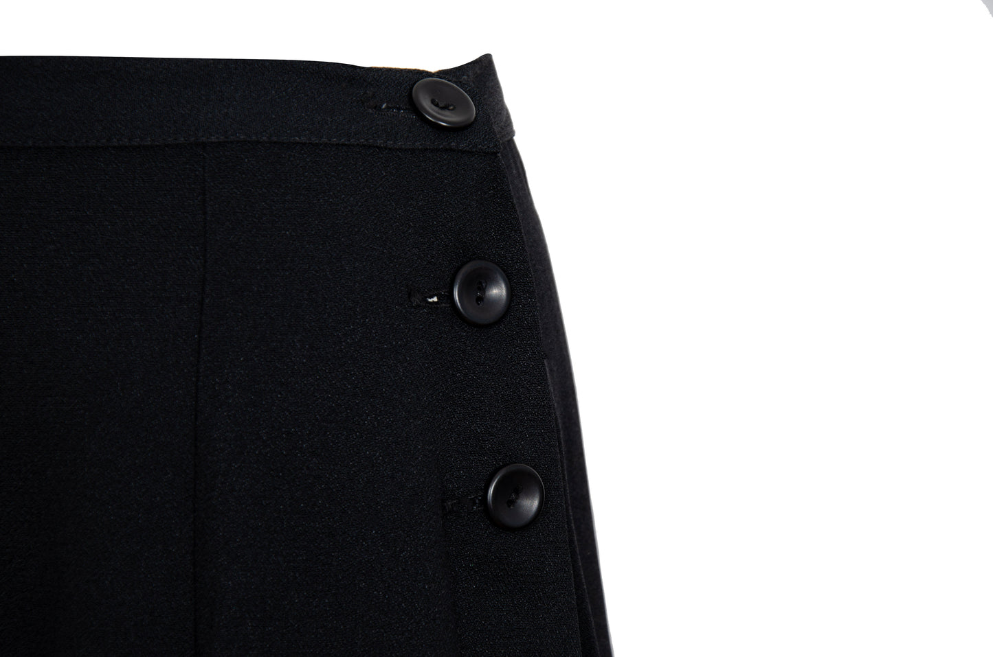 1990s Corinne Sarrut black maxi skirt with side button fastening and satin ribbon detailing