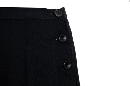 1990s Corinne Sarrut black maxi skirt with side button fastening and satin ribbon detailing