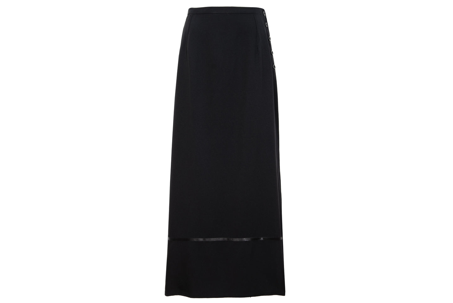 1990s Corinne Sarrut black maxi skirt with side button fastening and satin ribbon detailing