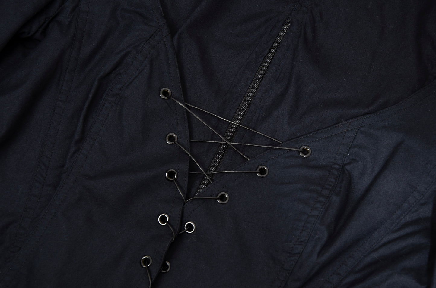 Vintage Easton Pearson black cotton corset inspired lace-up blouse with zip back opening