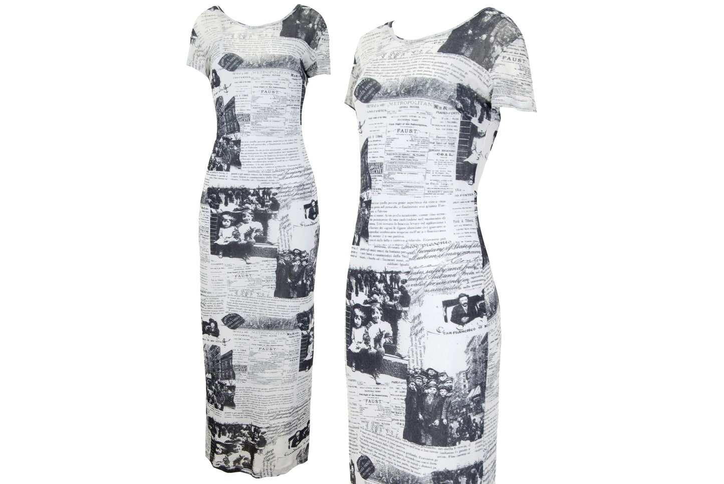 Vintage 90s French brand sheer mesh maxi dress with newspaper collage print