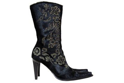 Vintage black calf hair Italian boots with floral motif and sleek high heel