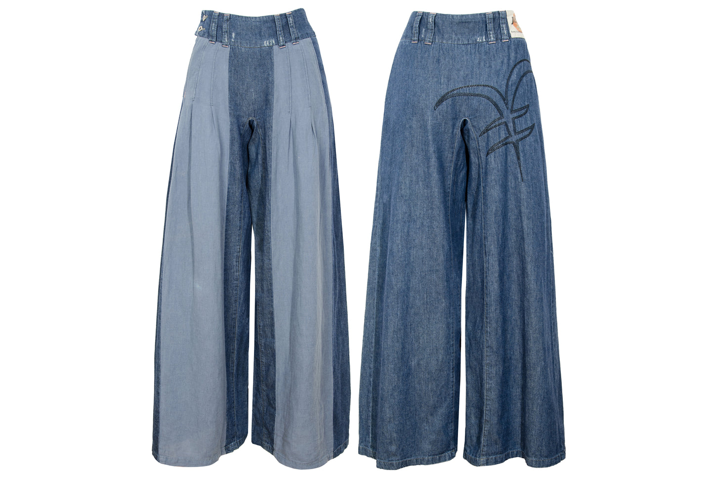 2000s Michiko Koshino two tone patchwork blue denim dramatic wide leg pants