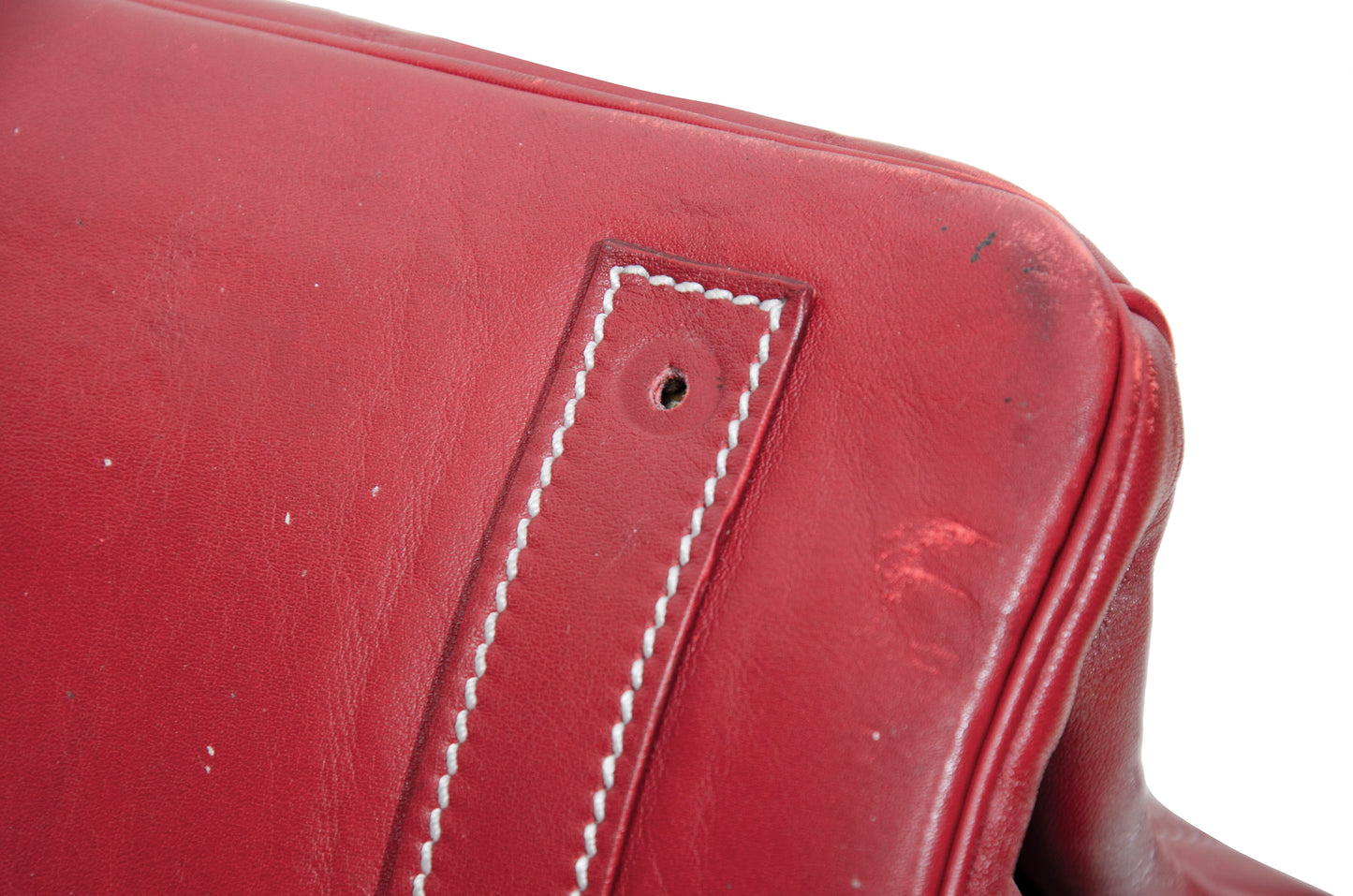 Vintage Italian red leather east west handbag with turn lock closure and floral motif
