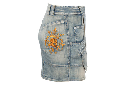 2000s Antonio Berardi mini denim skirt with asymmetrical closure and utility pockets