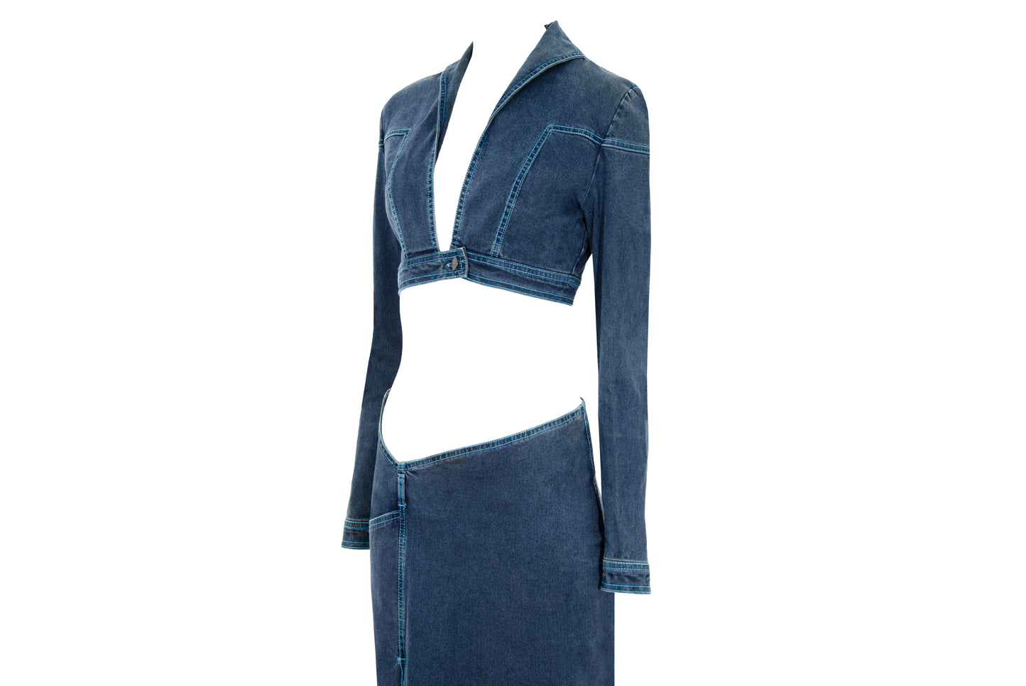 2000s Fatima Lopes cropped jacket and low waisted skirt denim set
