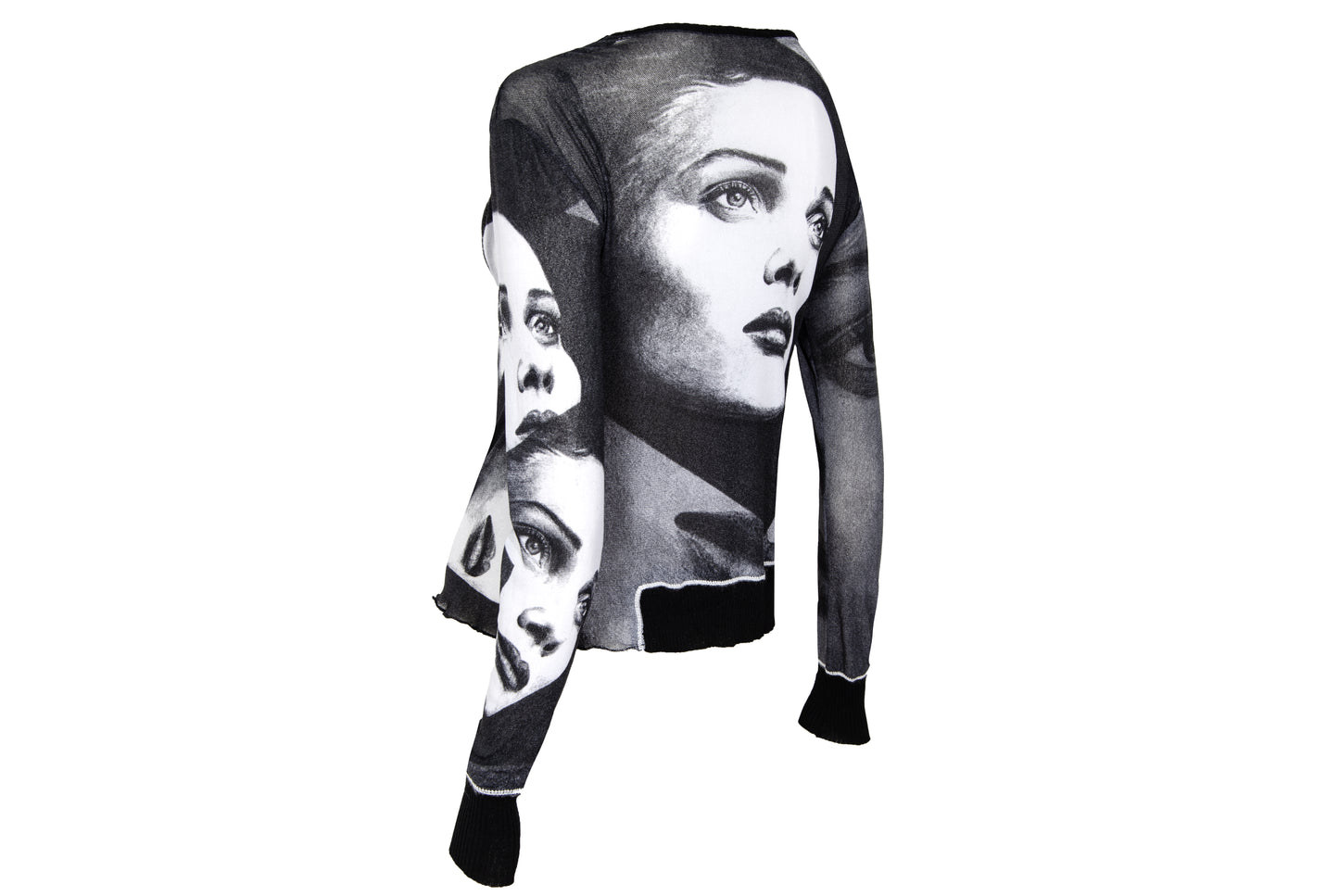 2000s sheer mesh black and white portrait print knit trim cardigan - Made in Italy