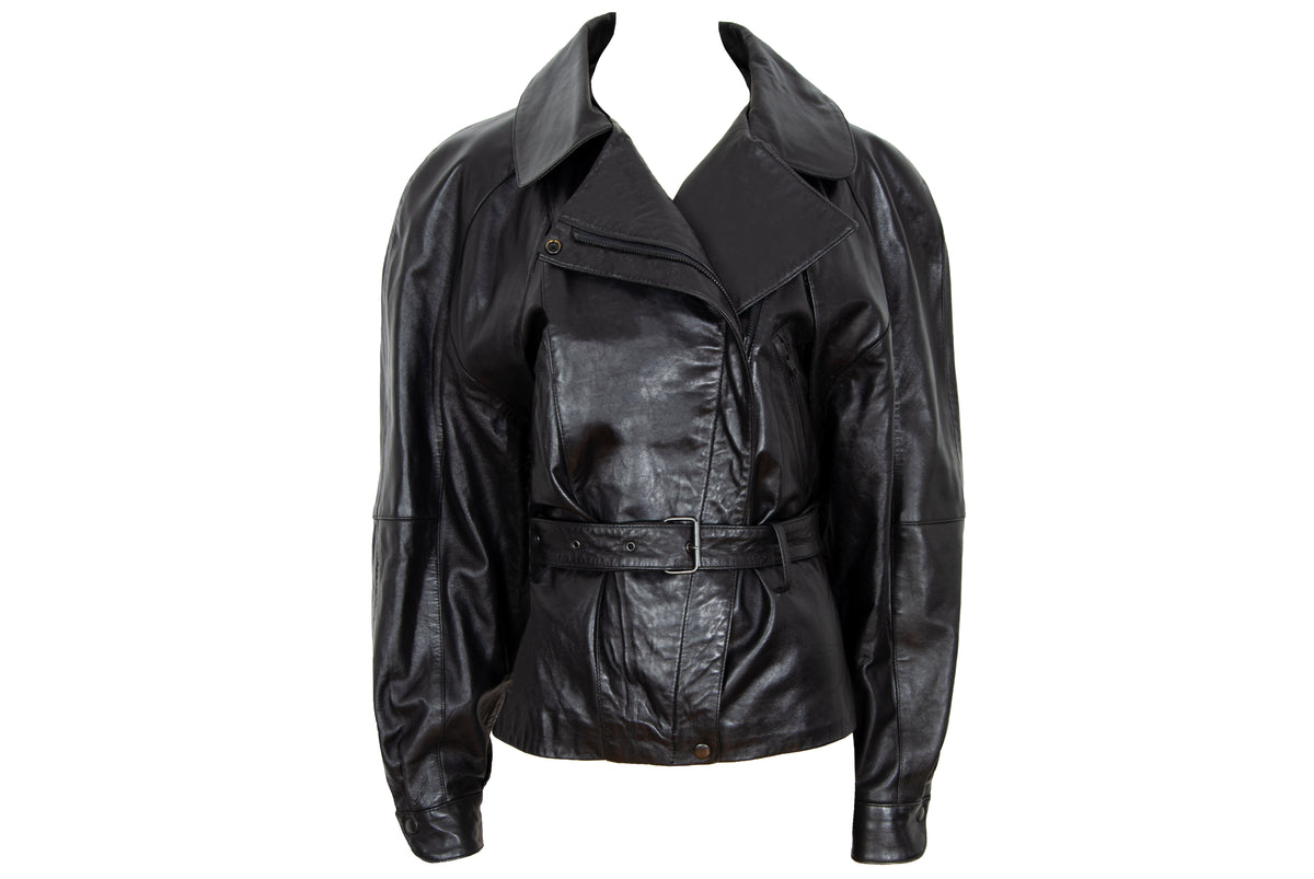 80s Michael Hoban for North Beach Leather black cinched waist biker jacket
