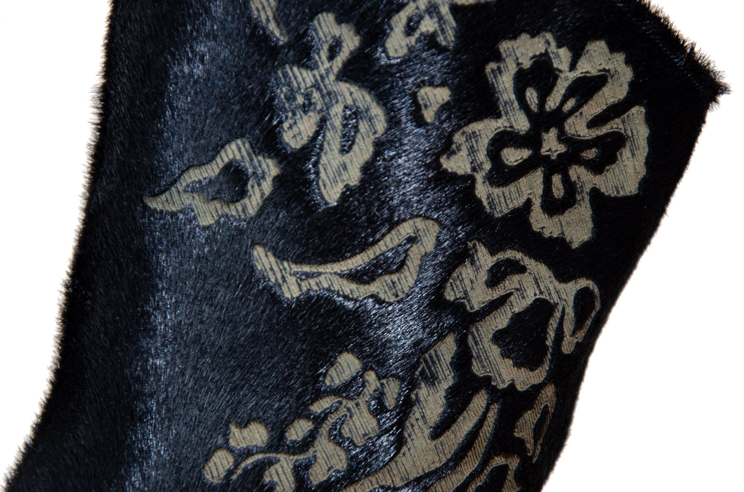 Vintage black calf hair Italian boots with floral motif and sleek high heel