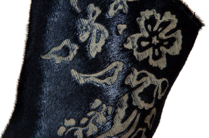 Vintage black calf hair Italian boots with floral motif and sleek high heel