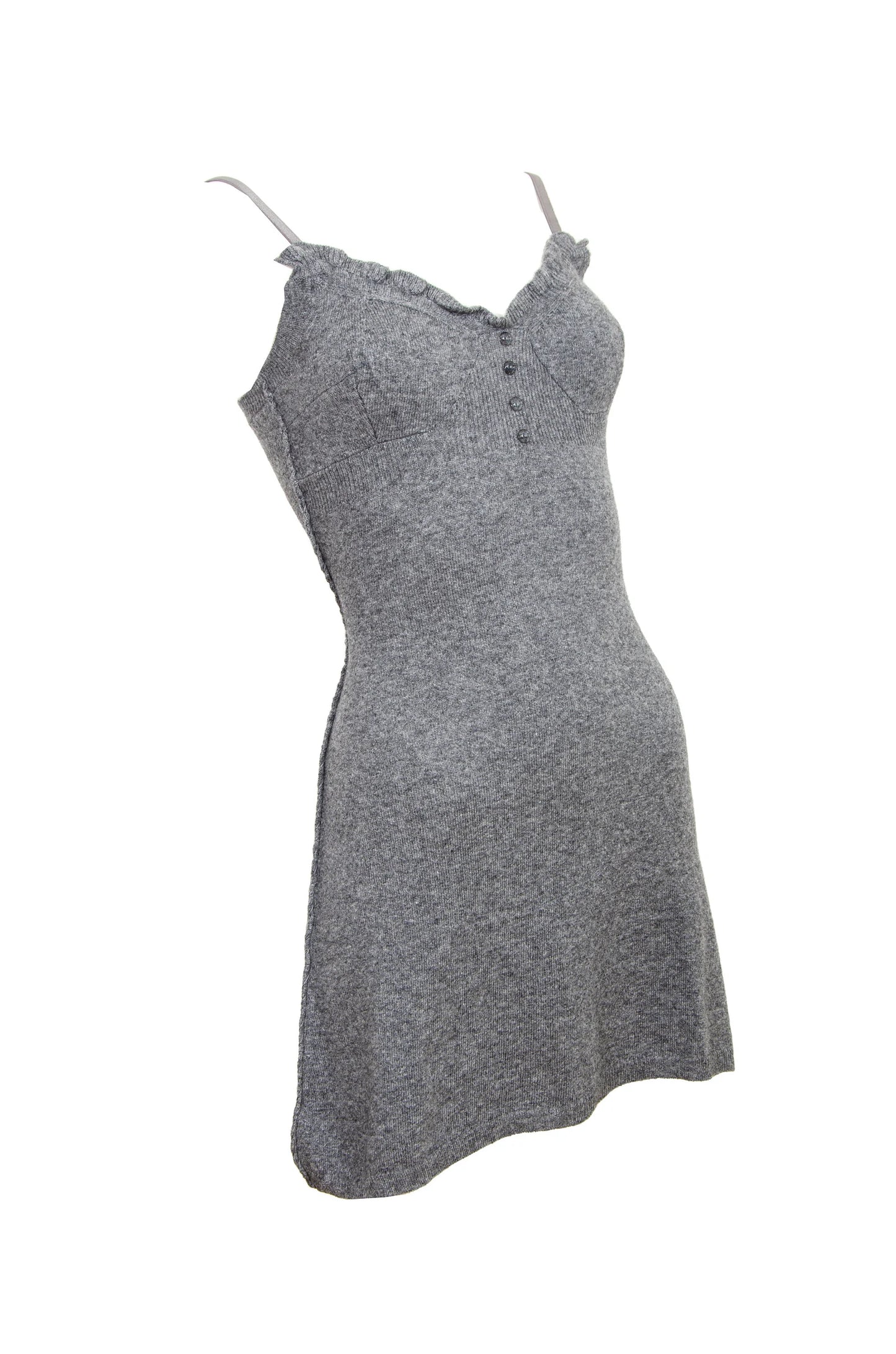 Vintage cashmere blend grey knit mini dress / Ruffle trim short knit cashmere and wool dress / Made in Italy