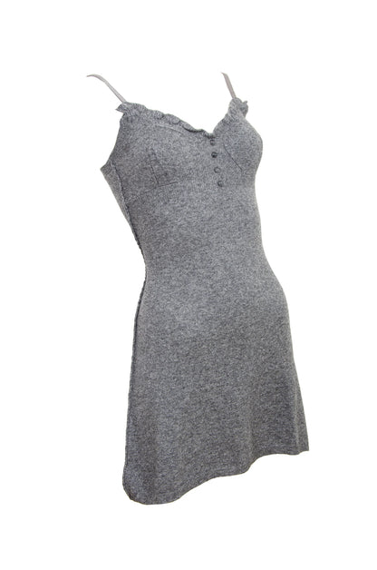 Vintage cashmere blend grey knit mini dress / Ruffle trim short knit cashmere and wool dress / Made in Italy