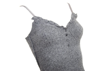 Vintage cashmere blend grey knit mini dress / Ruffle trim short knit cashmere and wool dress / Made in Italy