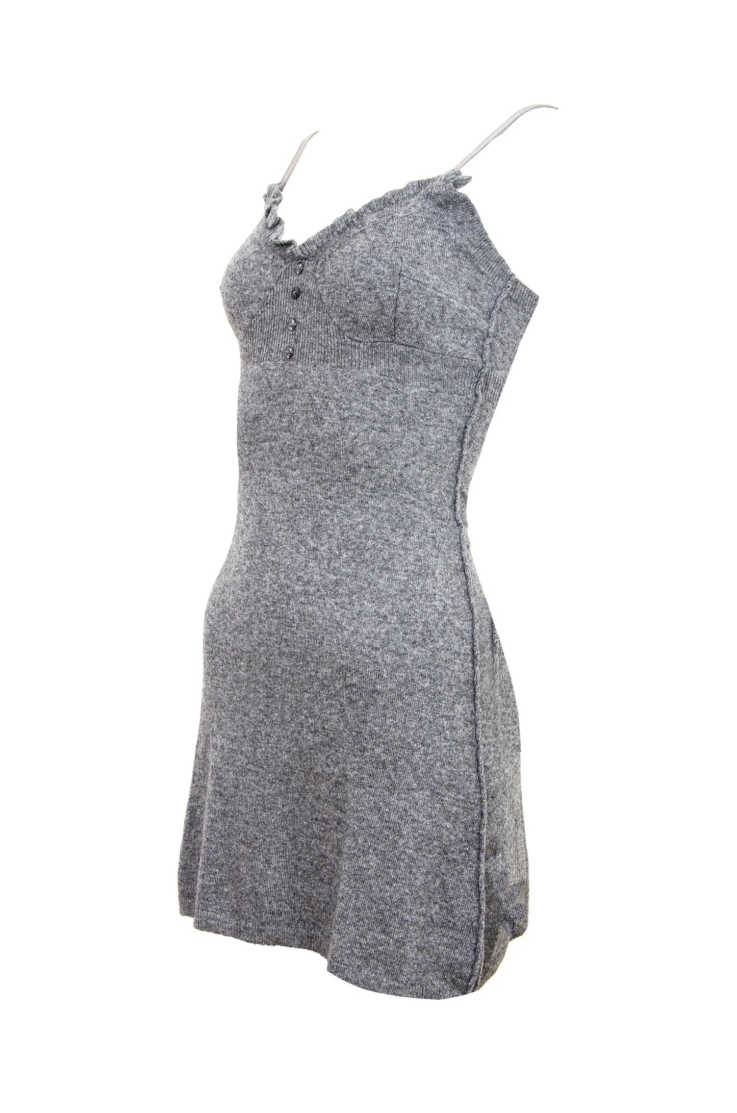 Vintage cashmere blend grey knit mini dress / Ruffle trim short knit cashmere and wool dress / Made in Italy