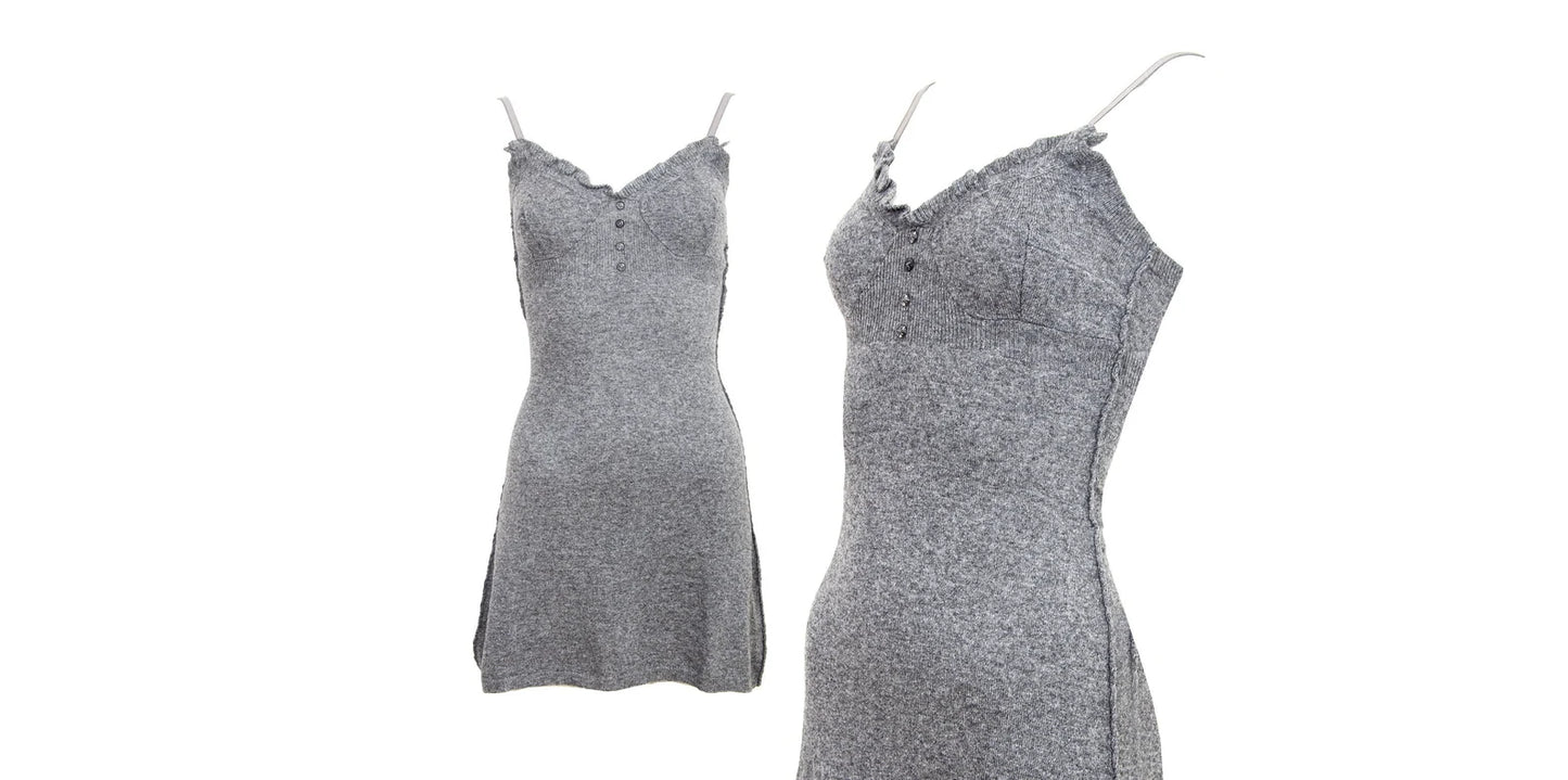 Vintage cashmere blend grey knit mini dress / Ruffle trim short knit cashmere and wool dress / Made in Italy
