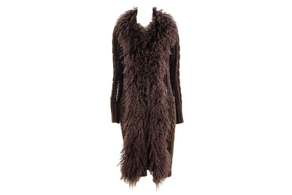 2000s Mongolian lamb fur collar Afghan long brown knitted wool and mohair cardigan