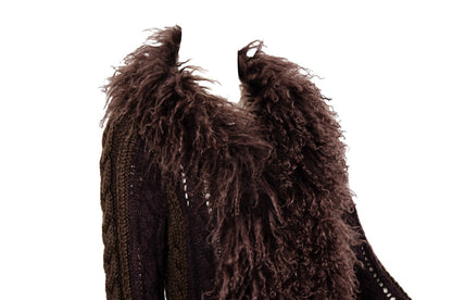 2000s Mongolian lamb fur collar Afghan long brown knitted wool and mohair cardigan