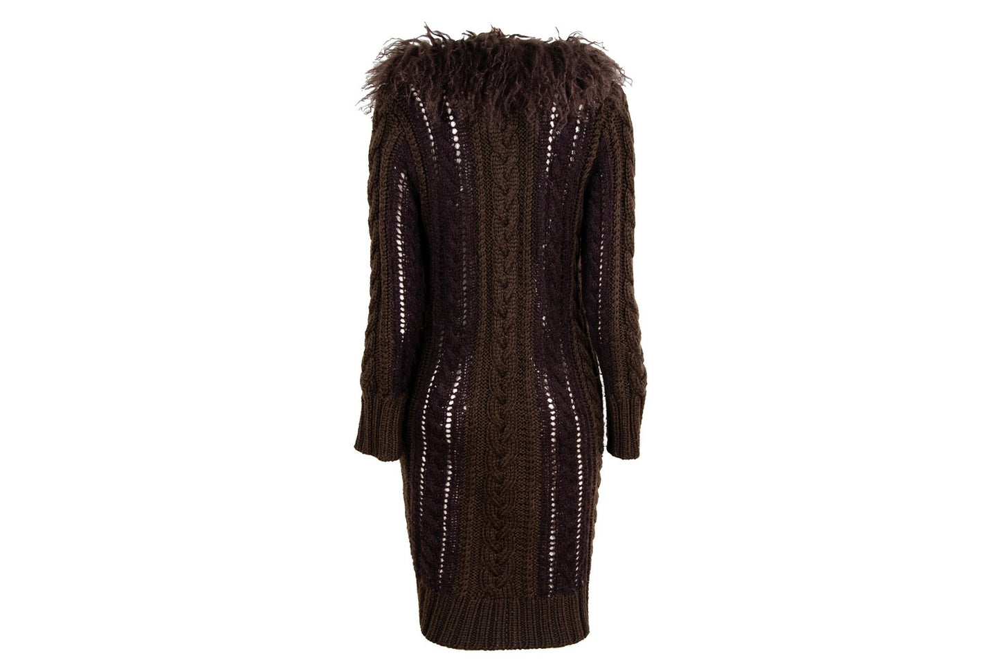 2000s Mongolian lamb fur collar Afghan long brown knitted wool and mohair cardigan