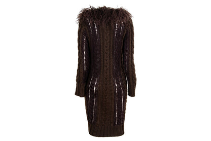 2000s Mongolian lamb fur collar Afghan long brown knitted wool and mohair cardigan