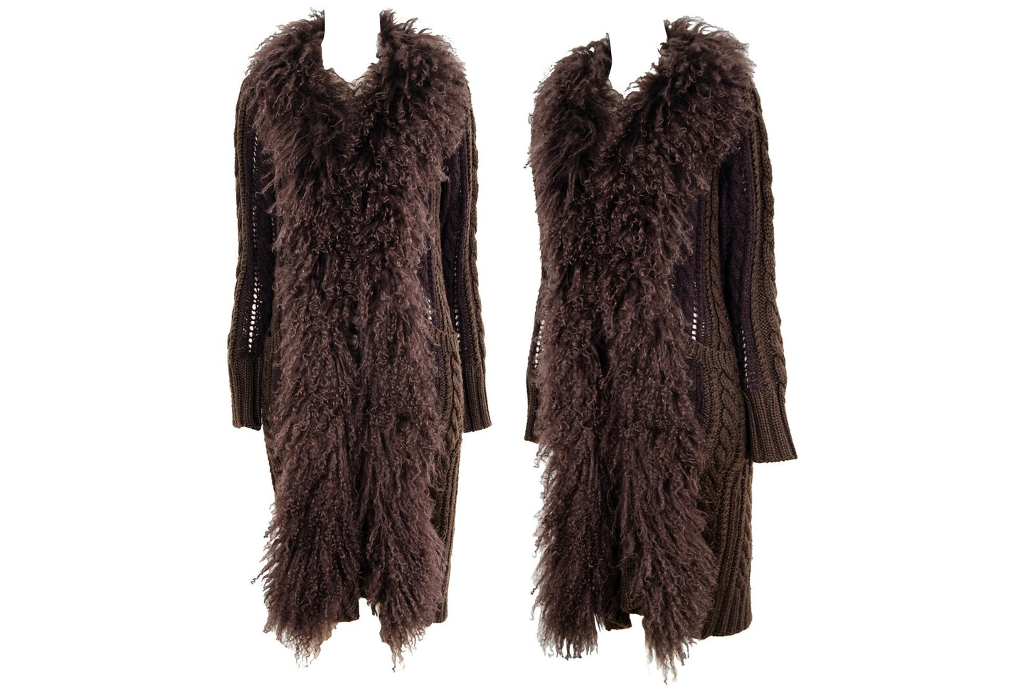 2000s Mongolian lamb fur collar Afghan long brown knitted wool and mohair cardigan