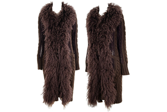 2000s Mongolian lamb fur collar Afghan long brown knitted wool and mohair cardigan