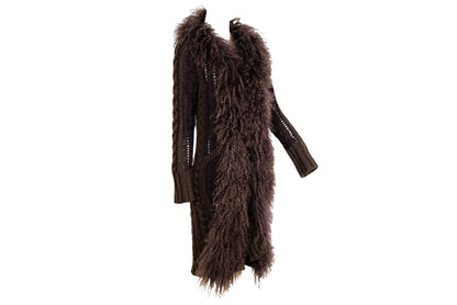 2000s Mongolian lamb fur collar Afghan long brown knitted wool and mohair cardigan