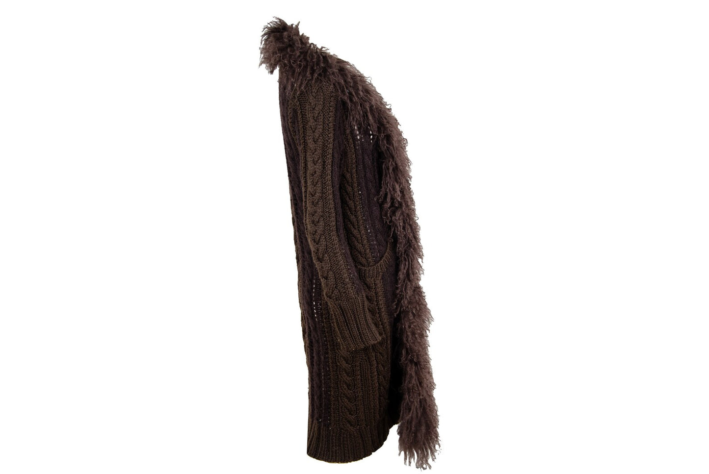 2000s Mongolian lamb fur collar Afghan long brown knitted wool and mohair cardigan