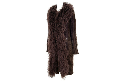 2000s Mongolian lamb fur collar Afghan long brown knitted wool and mohair cardigan