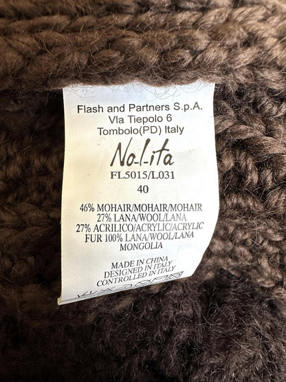 2000s Mongolian lamb fur collar Afghan long brown knitted wool and mohair cardigan