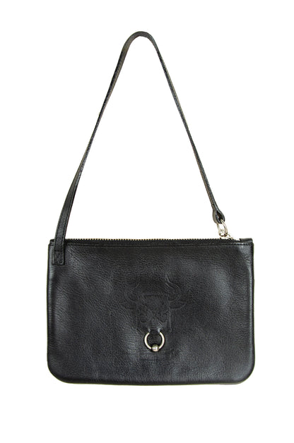 1990s Gaultier bull piercing black leather small handbag